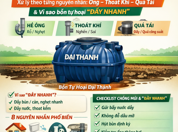 Bồn tự hoại có mùi: xử lý theo từng nguyên nhân (ống, thoát khí, quá tải)