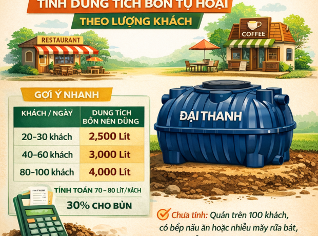 Quán ăn/cà phê: tính dung tích bồn tự hoại theo lượng khách